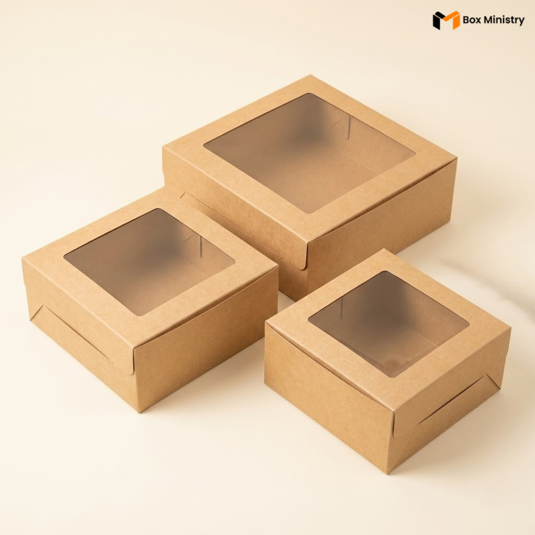 Three natural kraft brown square window cake boxes in small, medium and large sizes arranged in a stepped diagonal composition on a warm pale cream background with a single eucalyptus sprig at the right — all boxes showing clear square PVC windows on top lids and natural kraft brown interior — Kraft Square Window Cake Boxes .