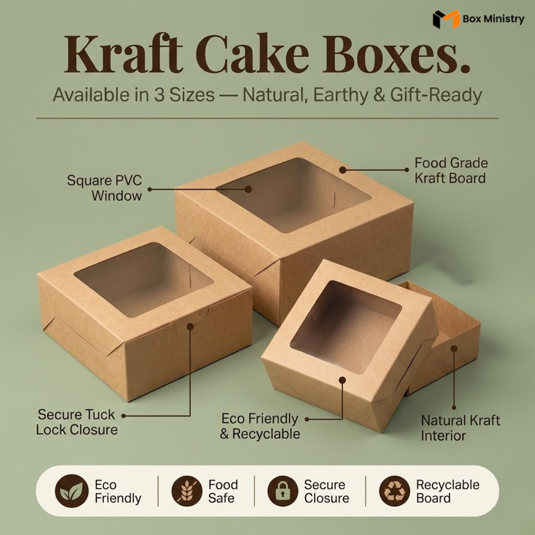 Infographic showing three natural kraft brown square window cake boxes in small, medium and large sizes on a muted sage green background with eucalyptus sprig — labeled features include Square PVC Window, Food Grade Kraft Board, Secure Tuck Lock Closure, Eco Friendly & Recyclable and Natural Kraft Interior — icon bar at bottom shows Eco Friendly, Food Safe, Secure Closure and Recyclable Board — heading reads Kraft Cake Boxes Available in 3 Sizes Natural Earthy & Gift-Ready — Kraft Square Window Cake Box .