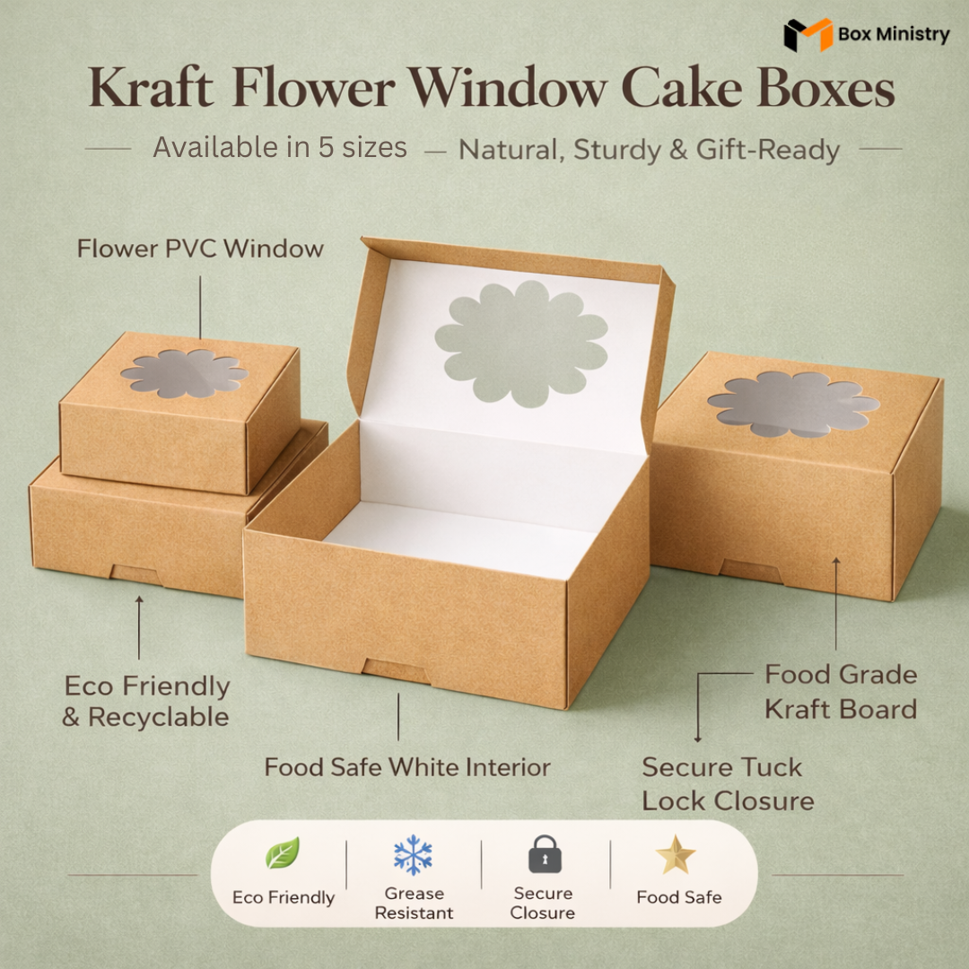 Infographic showing four natural kraft brown flower window cake boxes in multiple sizes on a muted sage green background with one box open showing bright white interior — labeled features include Flower PVC Window, Food Safe White Interior, Food Grade Kraft Board, Secure Tuck Lock Closure and Eco Friendly & Recyclable — icons for Eco Friendly, Grease Resistant, Secure Closure and Food Safe at bottom — Kraft Flower Window Cake Boxes .