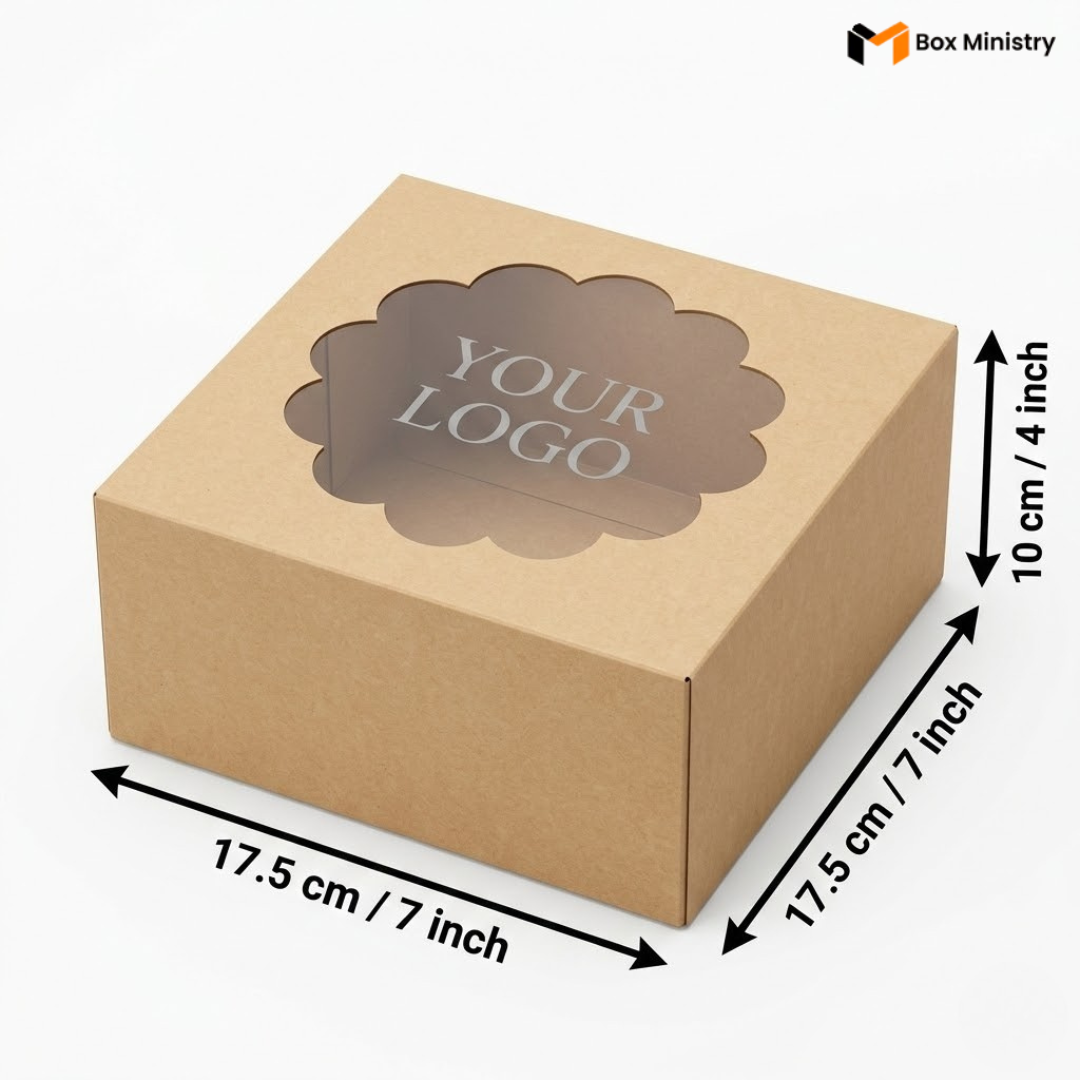 Natural kraft brown square cake box with ornate flower-shaped scalloped petal PVC window on lid showing "YOUR LOGO" text in elegant serif silver-grey font printed directly on the transparent PVC window surface, dimensions 17.5 x 17.5 x 10 cm (7 x 7 x 4 inches), shown in 3/4 isometric angle with bold black measurement arrows on right and bottom edges, visible tuck-lock flap on right side face, unbleached matte natural paper texture finish, on a soft pure white background