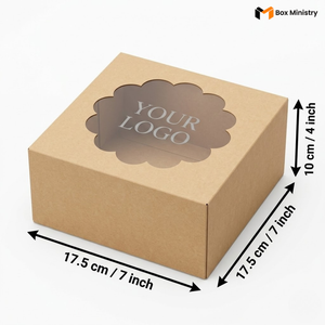Natural kraft brown square cake box with ornate flower-shaped scalloped petal PVC window on lid showing "YOUR LOGO" text in elegant serif silver-grey font printed directly on the transparent PVC window surface, dimensions 17.5 x 17.5 x 10 cm (7 x 7 x 4 inches), shown in 3/4 isometric angle with bold black measurement arrows on right and bottom edges, visible tuck-lock flap on right side face, unbleached matte natural paper texture finish, on a soft pure white background