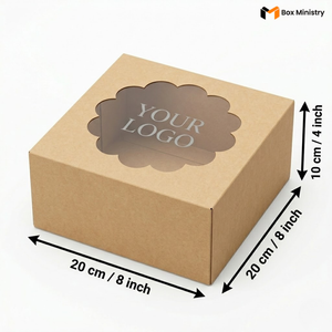 Natural kraft brown square cake box with ornate flower-shaped scalloped petal PVC window on lid showing "YOUR LOGO" text in elegant serif silver-grey font printed directly on the transparent PVC window surface, dimensions 20 x 20 x 10 cm (8 x 8 x 4 inches), shown in 3/4 isometric angle with bold black measurement arrows on right and bottom edges, visible tuck-lock flap on right side face, unbleached matte natural paper texture finish, on a soft pure white background
