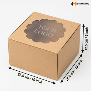 Natural kraft brown square cake box with ornate flower-shaped scalloped petal PVC window on lid showing "YOUR LOGO" text in elegant serif silver-grey font printed directly on the transparent PVC window surface, dimensions 25.5 x 25.5 x 12.5 cm (10 x 10 x 5 inches), shown in 3/4 isometric angle with bold black measurement arrows on right and bottom edges, visible tuck-lock flap on right side face, unbleached matte natural paper texture finish, on a soft pure white background
