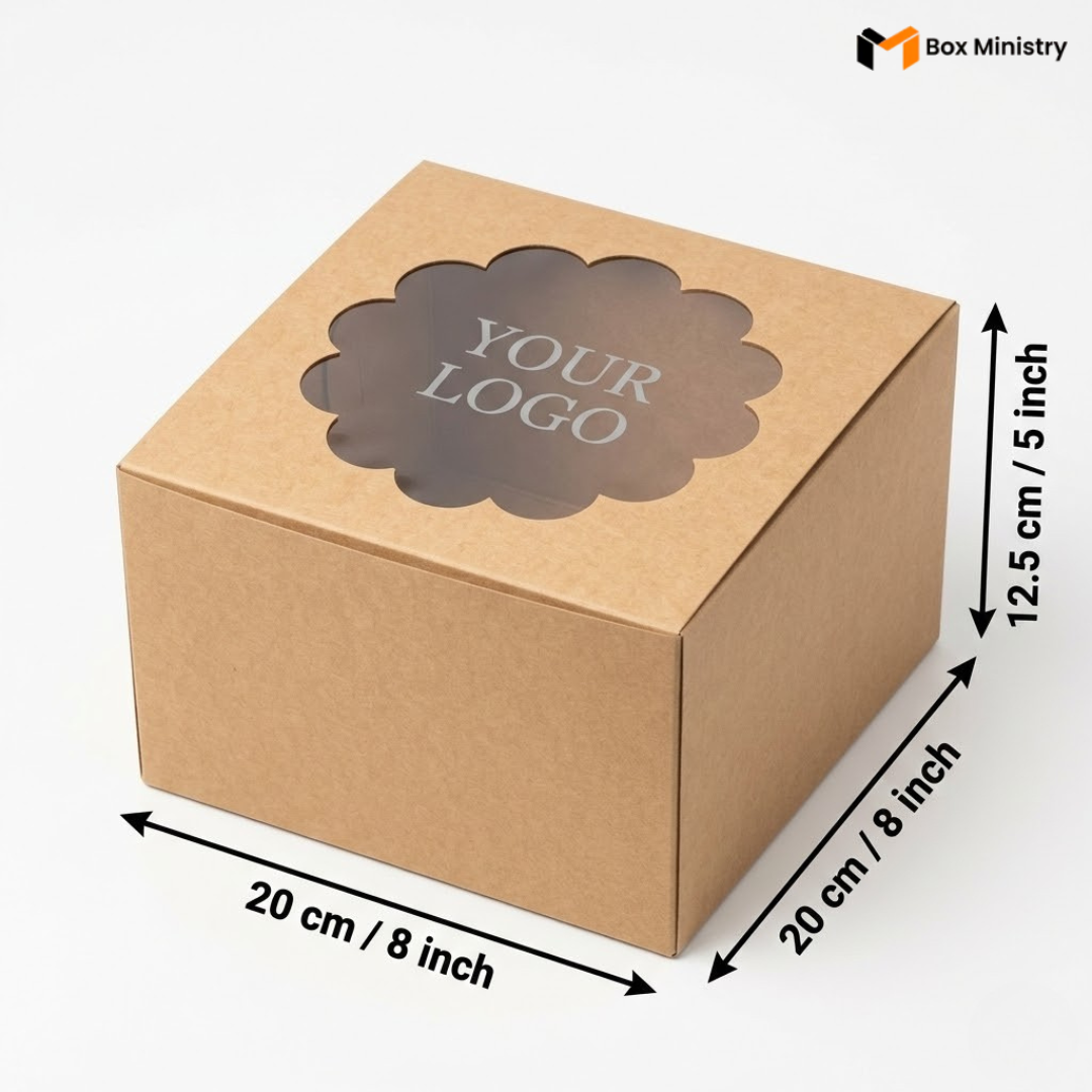 Natural kraft brown square cake box with ornate flower-shaped scalloped petal PVC window on lid showing "YOUR LOGO" text in elegant serif silver-grey font printed directly on the transparent PVC window surface, dimensions 20 x 20 x 12.5 cm (8 x 8 x 5 inches), shown in 3/4 isometric angle with bold black measurement arrows on right and bottom edges, visible tuck-lock flap on right side face, unbleached matte natural paper texture finish, on a soft pure white background

