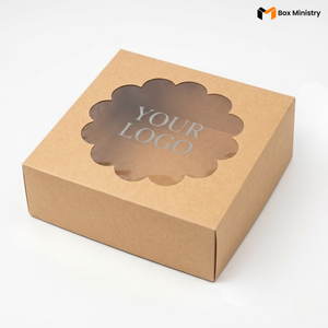 Natural kraft brown square cake box with ornate flower-shaped scalloped petal PVC window on lid showing "YOUR LOGO" text in elegant serif silver-grey font printed directly on the transparent PVC window surface, no dimension arrows, shown in straight top-down 3/4 isometric angle, flat compact square shape, unbleached matte natural paper texture finish, on a soft pure white background
