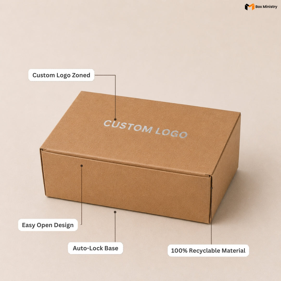 Brown cardboard box with labeled features on a beige background