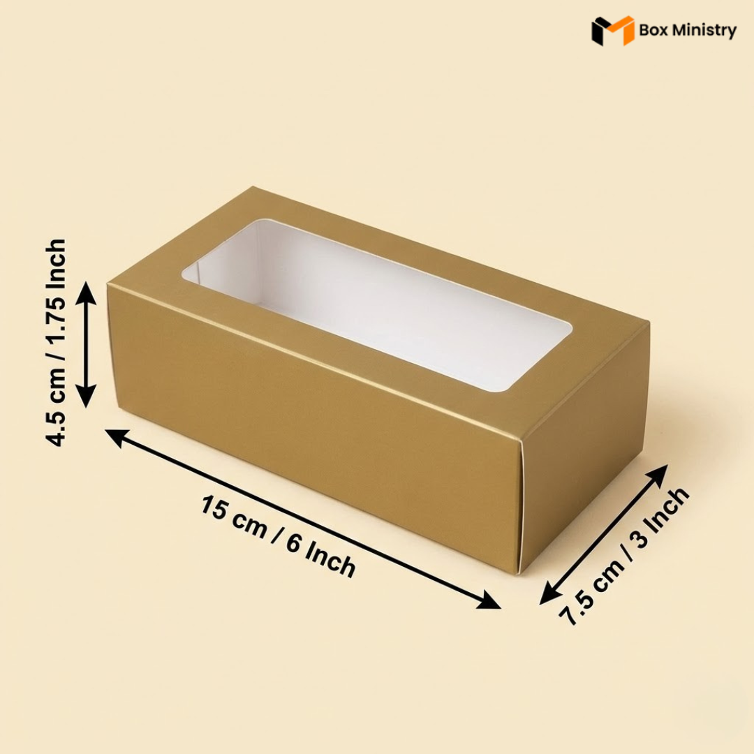 Matte Gold box with a window on a light gold background, showing dimensions.