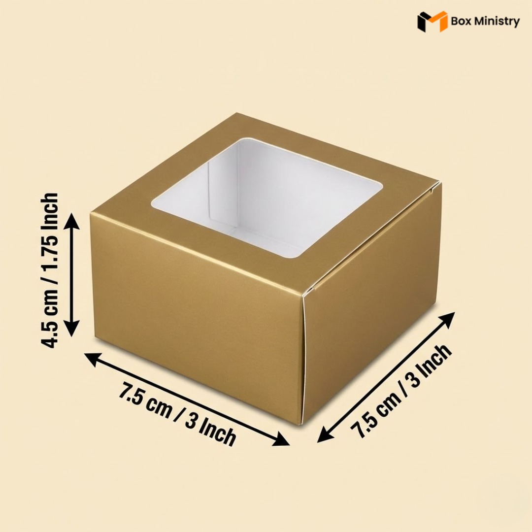 Matte Gold box with a window on a light blue background, showing dimensions.