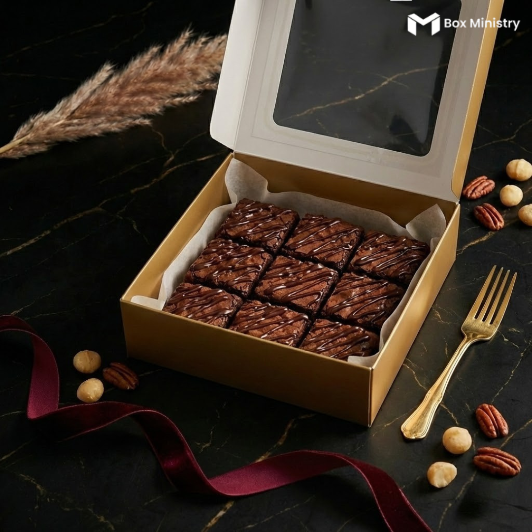 Open matte gold window bakery box filled with 9 fudgy chocolate brownies with dark chocolate ganache drizzle on white parchment paper, styled on a dark black marble surface with gold veining, burgundy satin ribbon, dried pampas grass, scattered macadamia nuts and pecans, and a gold dessert fork — Matte Gold Window Bakery Box .