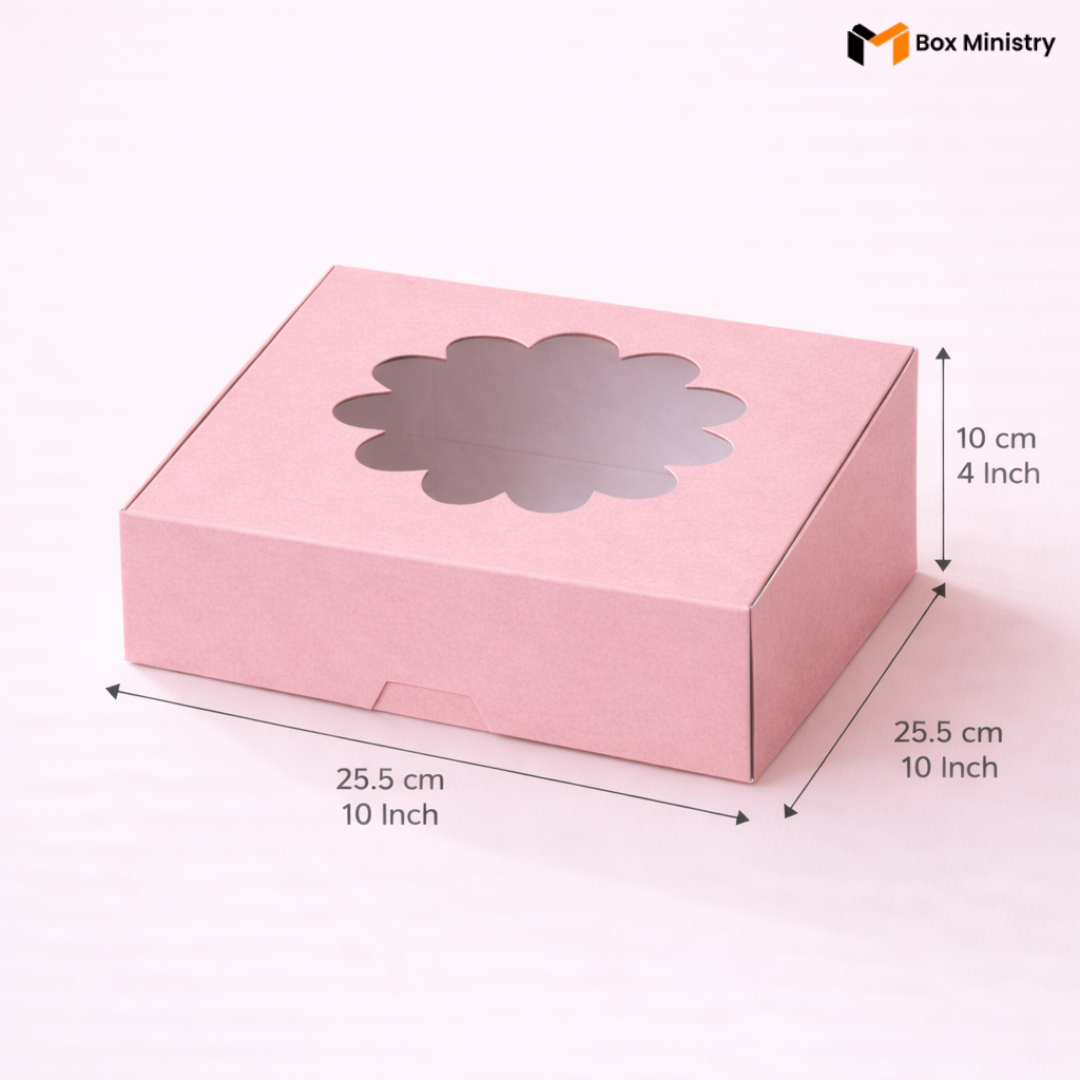 Pink flower window cake box 25.5x25.5x10 cm (10x10x4 inch) with decorative flower-shaped PVC window on top showing clear interior, dimensions labeled with measurement arrows on pale pink background — Pink Flower Window Cake Box