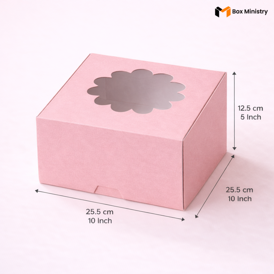 Pink flower window cake box 25.5x25.5x12.5 cm (10x10x5 inch) with decorative flower-shaped PVC window on top, taller 5 inch height version clearly visible, dimensions labeled with measurement arrows on pale pink background — Pink Flower Window Cake Box 