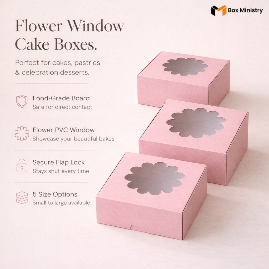 Infographic showing three pink flower window cake boxes in small, medium and large sizes arranged in a diagonal cascade on a soft ivory background — features Food-Grade Board, Flower PVC Window, Secure Flap Lock and 5 Size Options — perfect for cakes, pastries and celebration desserts — Pink Flower Window Cake Boxes 