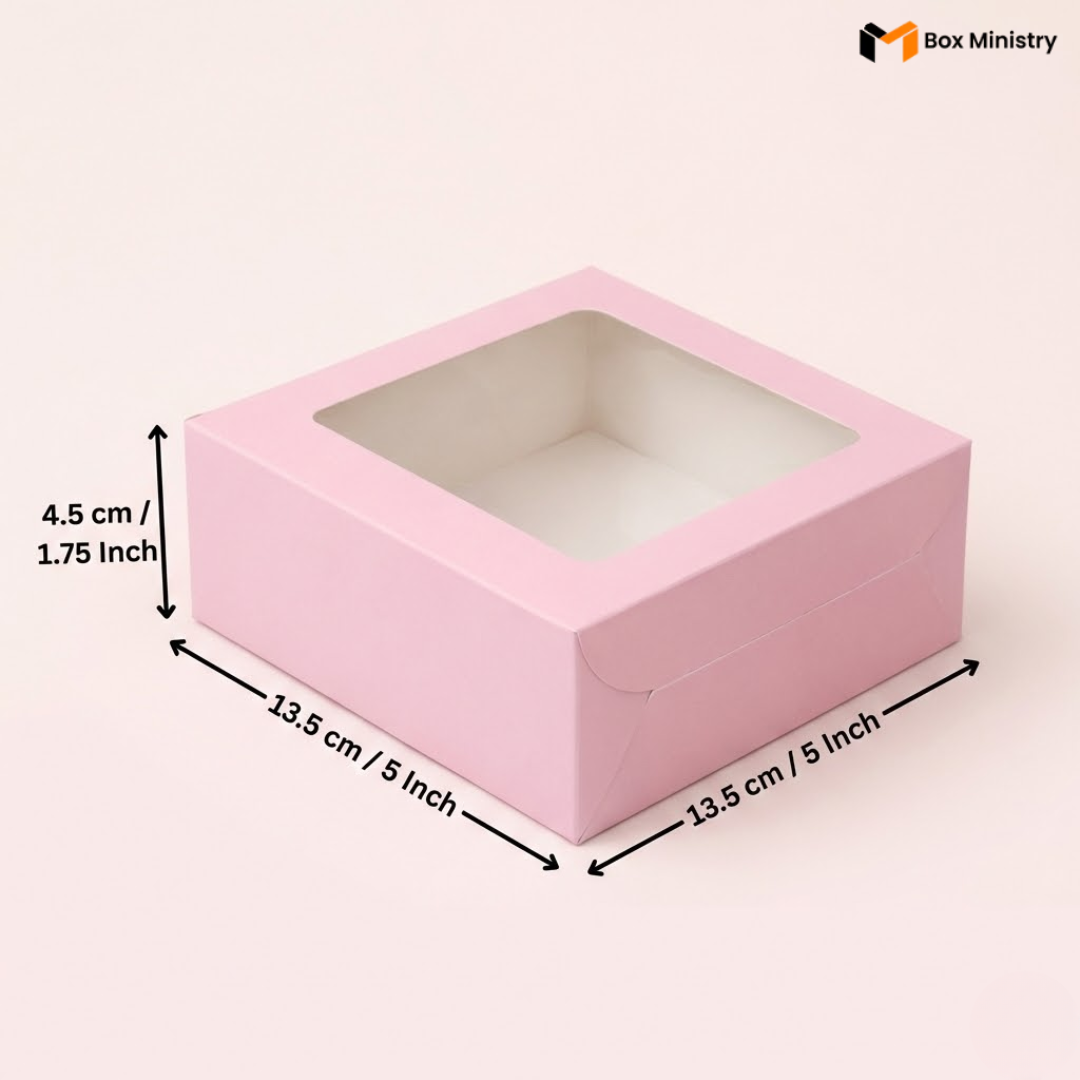 Pink box with a clear window and measurements on a white background
