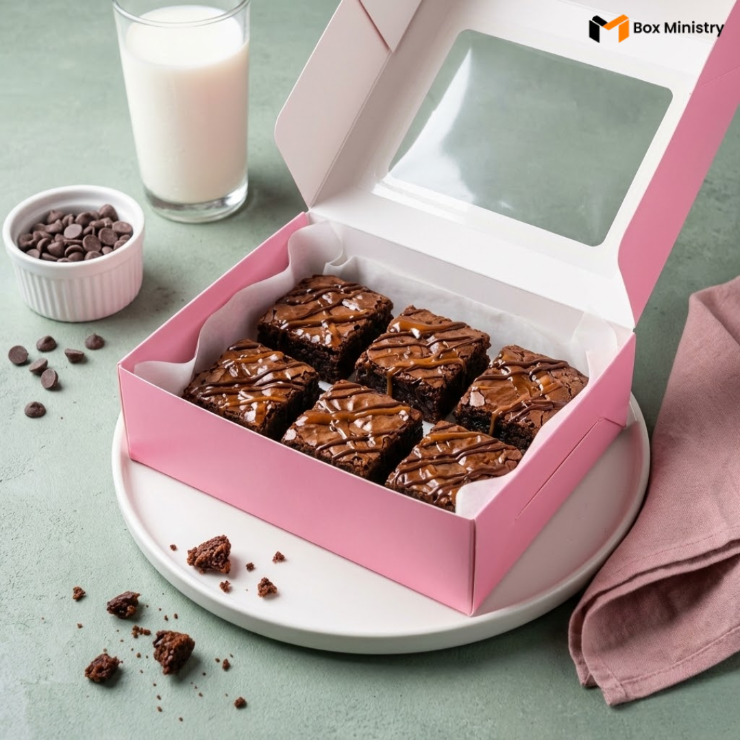 Pink box of brownies with a glass of milk on a light green background