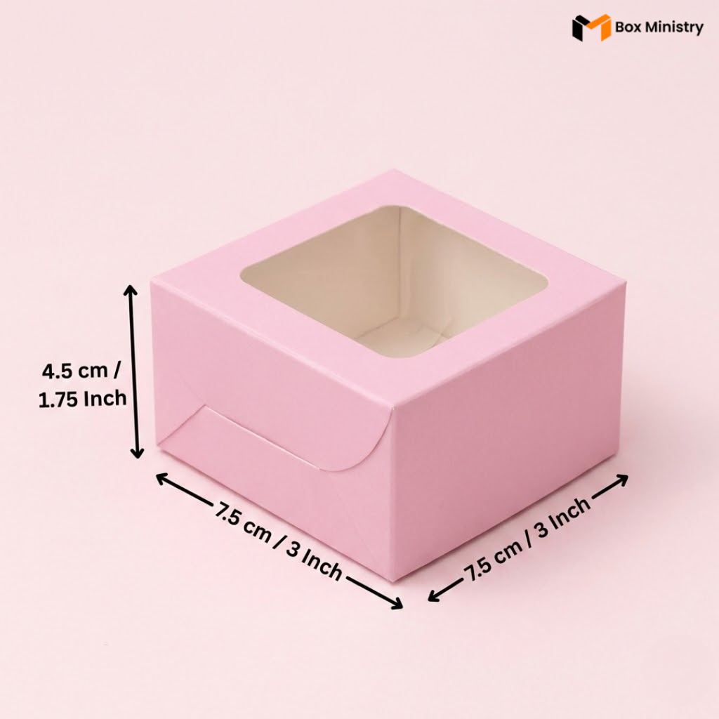 Pink box with a window on a light pink background, showing dimensions.