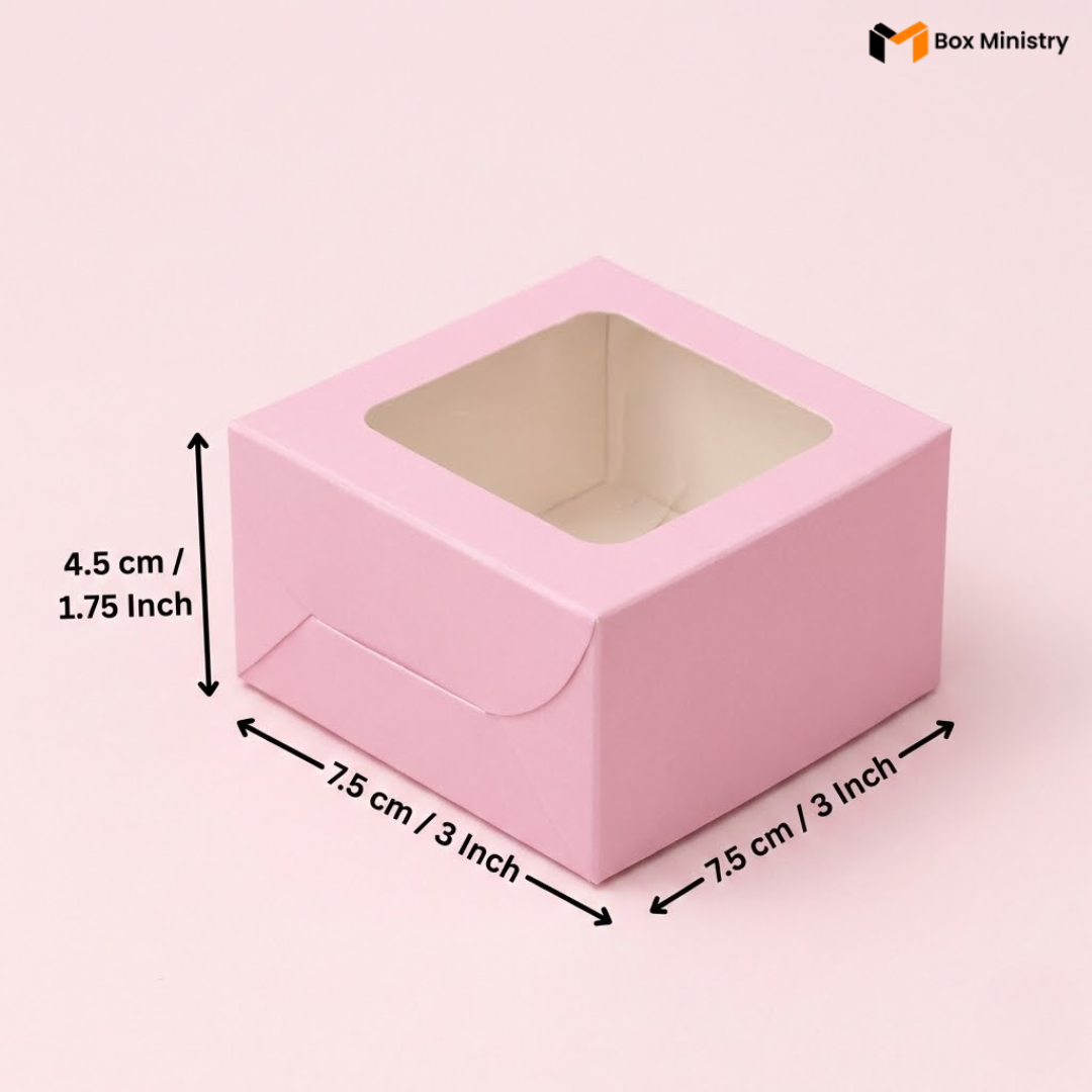 Pink box with a window on a light pink background, showing dimensions.