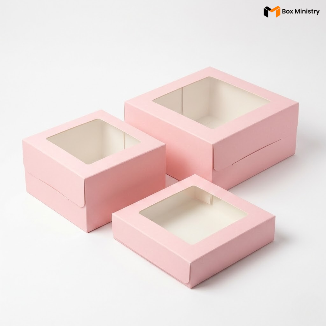 Three soft blush pink square window cake boxes arranged in a scattered cluster composition at 3/4 isometric angle, all lids open revealing clean white interior lining, varying sizes from small compact flat to medium tall, on a soft pure white background