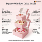 Product infographic for Square Window Cake Boxes featuring three soft blush pink cake boxes in a stacked tower composition on a pale pink gradient background — all three boxes open with lids raised showing decorated cakes inside: top box contains a pink heart-shaped cake with berries and edible flowers, middle box contains an ivory cake with macarons and raspberries, bottom box contains a white cream cake with strawberries and rose petals. Six feature callouts with icons: Crystal Clear PVC Window and Premiu