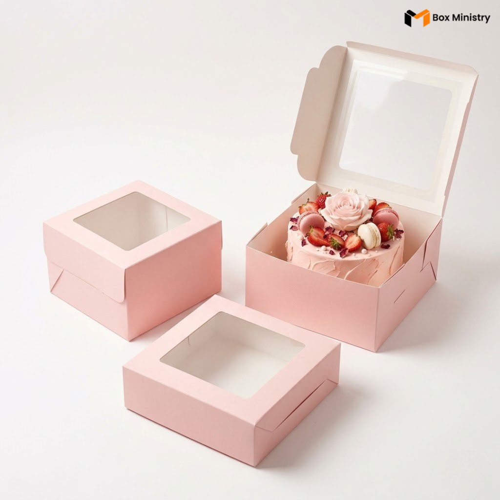 Three soft blush pink square window cake boxes arranged in a dynamic cluster composition — largest box at back-right with lid fully open revealing a beautifully decorated pink frosted cake topped with fresh strawberries, pink rose, macarons and rose petals inside, medium box at left with lid closed showing clear PVC window, smallest flat box at front-center with lid closed showing clear PVC window — all on a soft pure white background