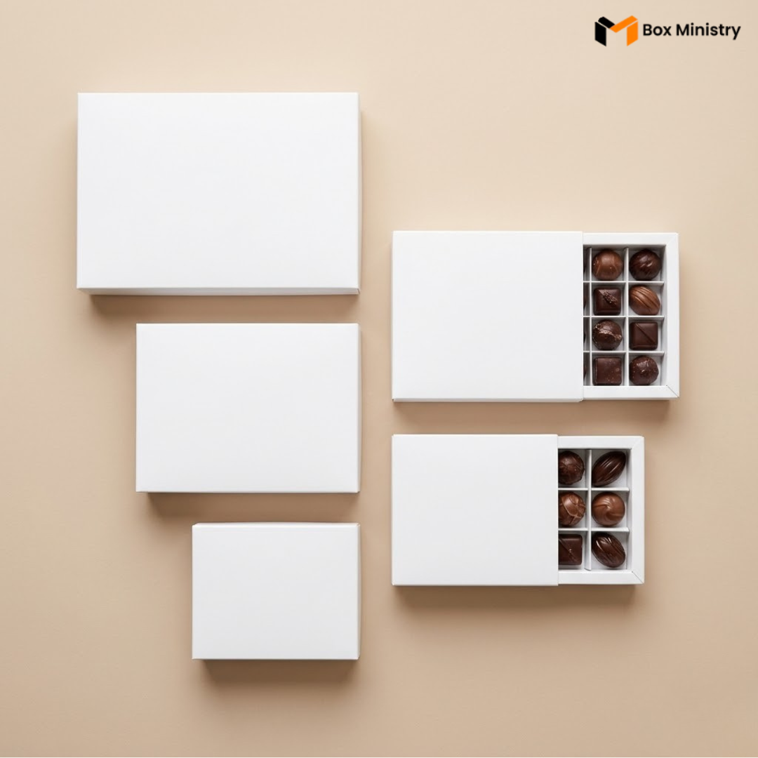 White chocolate boxes with chocolate pieces on a beige background, featuring the Box Ministry logo.
