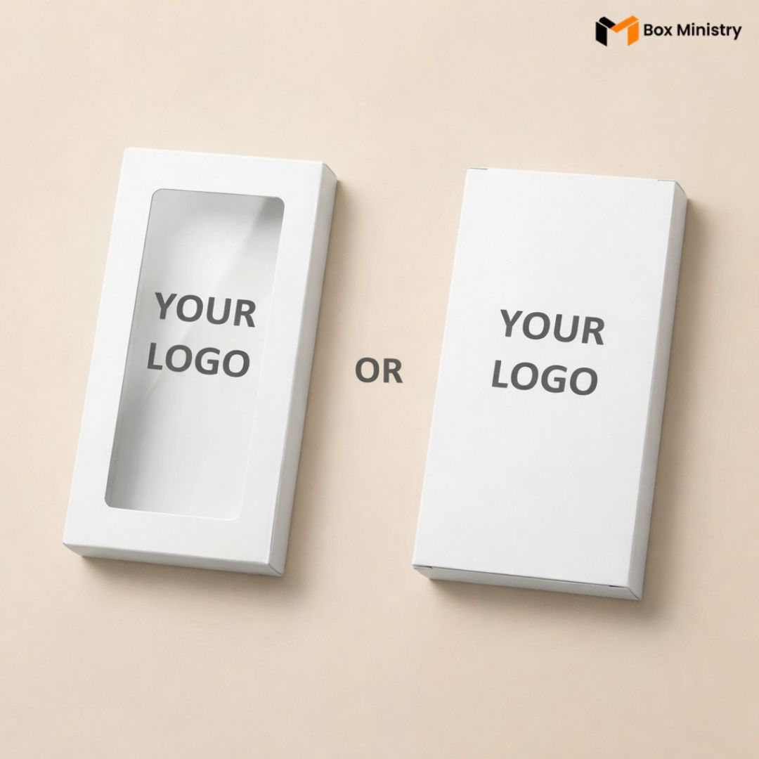 Two white boxes with 'Your Logo' text on a beige background, featuring the Box Ministry logo.