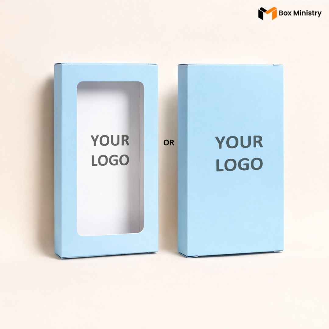 Two light blue boxes with 'Your Logo' text on a beige background, featuring the Box Ministry logo.