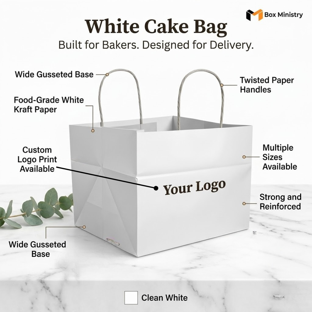 White cake bag with features highlighted on a marble surface, branded 'Box Ministry'.
