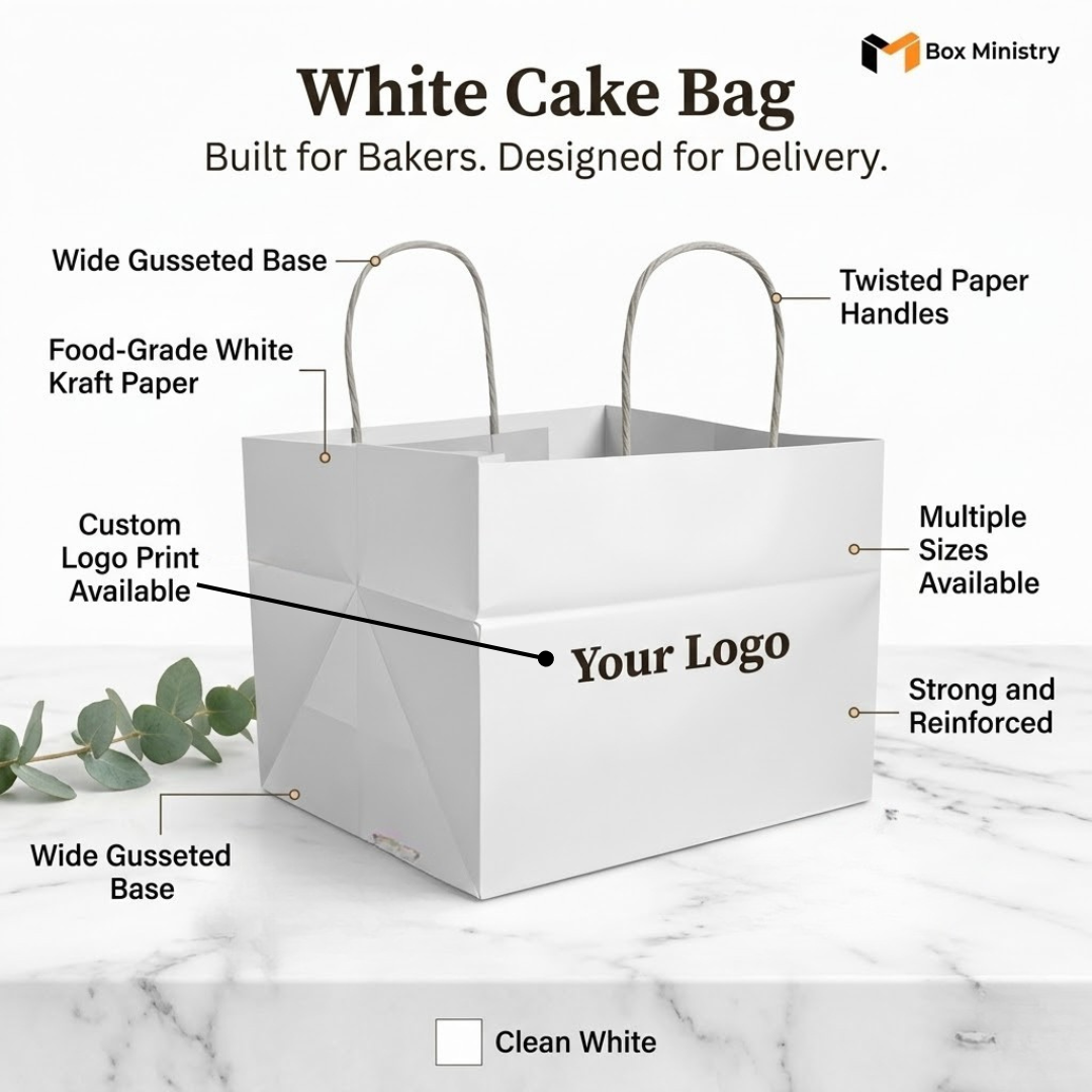 White cake bag with features highlighted on a marble surface, branded 'Box Ministry'.