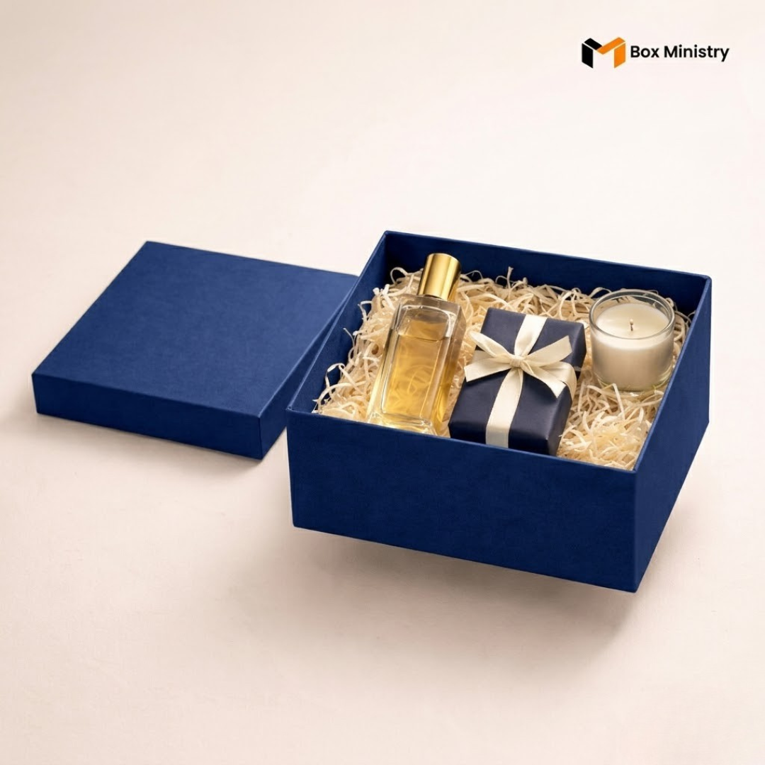 Blue gift box with a perfume bottle, gift box, and candle on a beige background