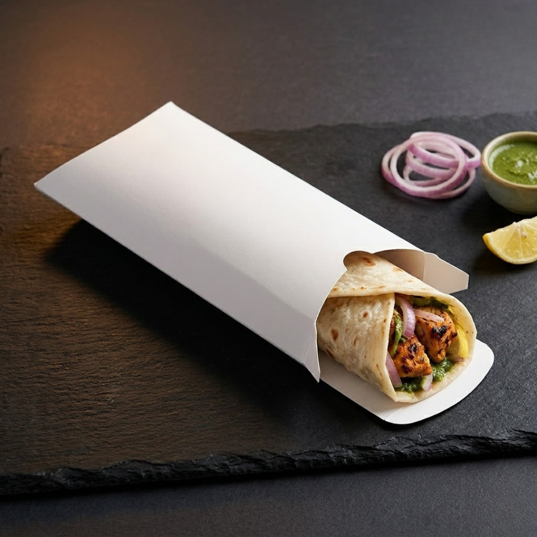 Burrito on a black slate surface with onions, lime, and green sauce.