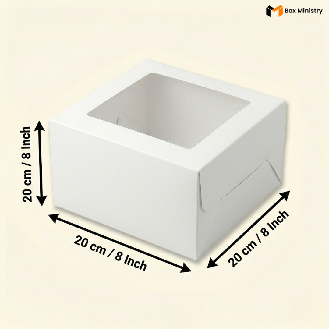 White square window cake box 20x20x20 cm (8x8x8 inch) perfect cube shape with large clear square PVC window on top showing white interior, equal height width and depth clearly visible, dimensions labeled with measurement arrows on warm pale cream background — White Square Window Cake Box .