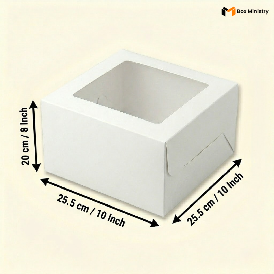 White square window cake box 25.5x25.5x20 cm (10x10x8 inch) with large clear square PVC window on top showing white interior, tallest non-cube box in the range with prominent 8 inch height clearly visible on left side, dimensions labeled with measurement arrows on warm pale cream background — White Square Window Cake Box 