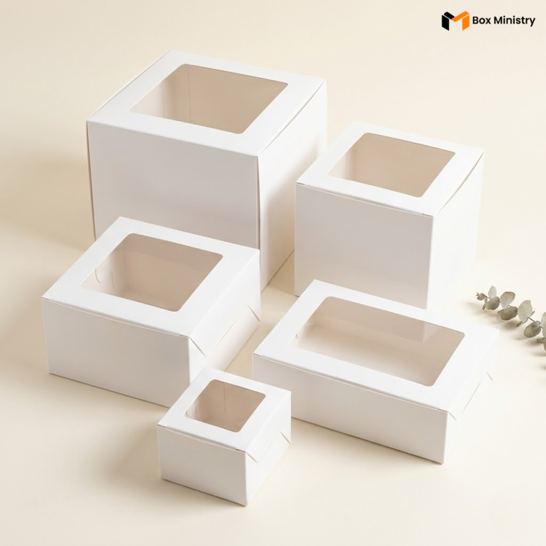 Five white square window cake boxes in various sizes arranged in a dynamic size-hierarchy composition on a warm cream background — from large cube-shaped boxes at the back to small flat boxes at the front — with a single eucalyptus sprig at the right — White Square Window Cake Boxes .