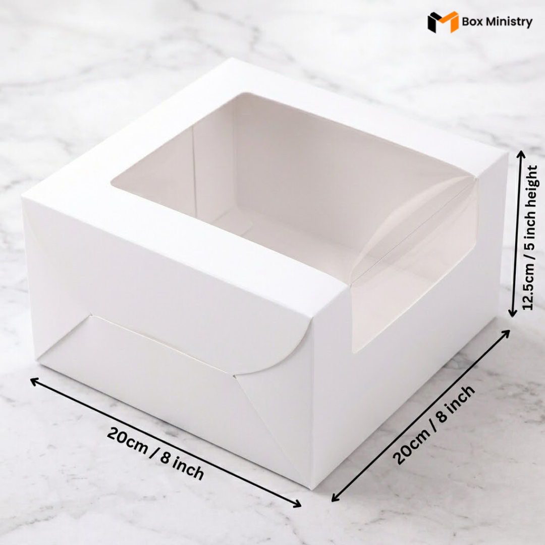 White cake box 20x20x12.5cm 8x8x5 inch with L-shape PVC window on white marble background