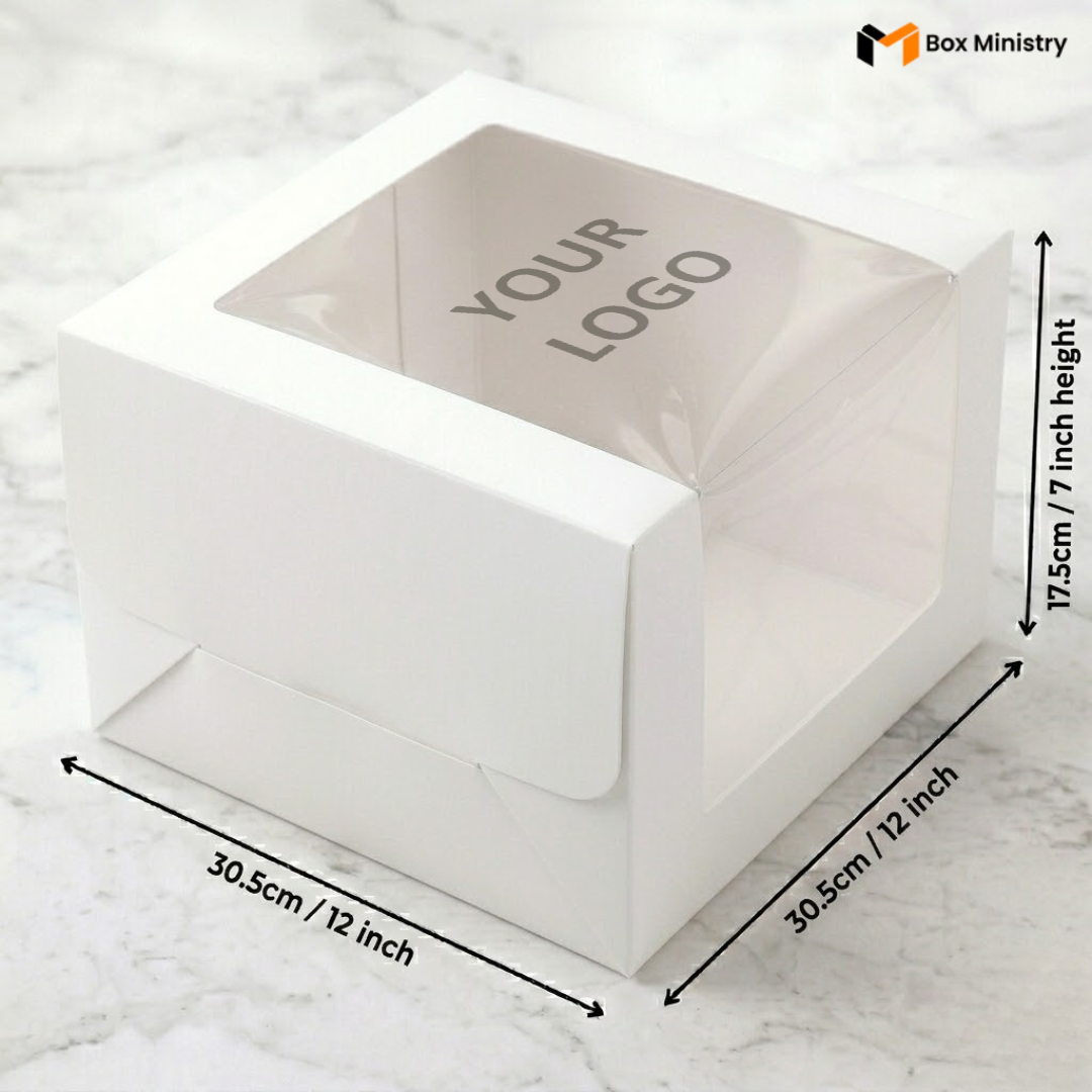 White cake box 30.5x30.5x17.5cm 12x12x7 inch with L-shape PVC window on white marble background with custom logo print 