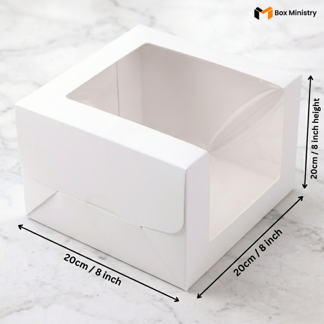 White cake box 20x20x20cm 8x8x8 inch with L-shape PVC window on white marble background