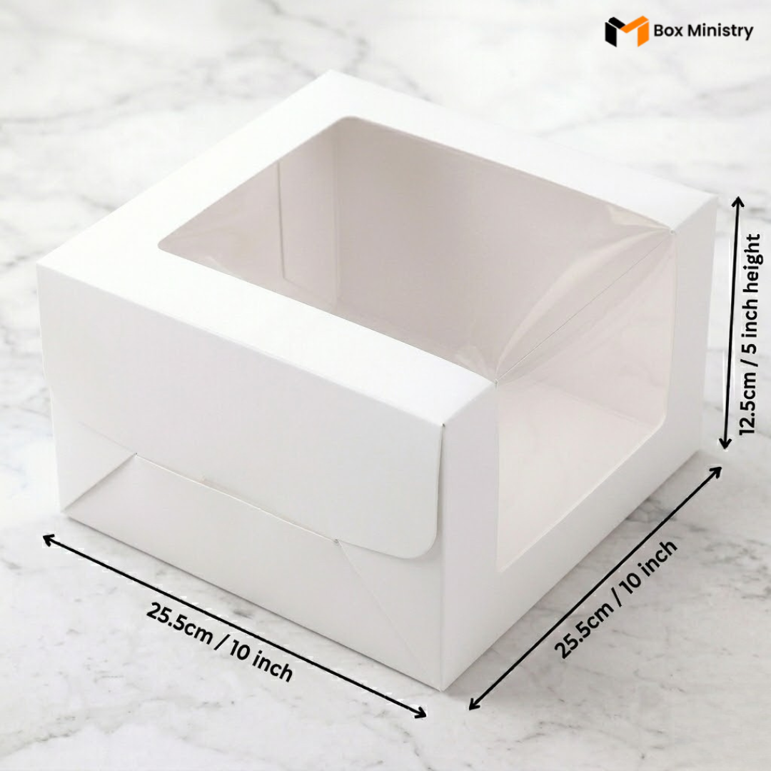 White cake box 25.5x25.5x12.5cm 10x10x5 inch with L-shape PVC window on white marble background