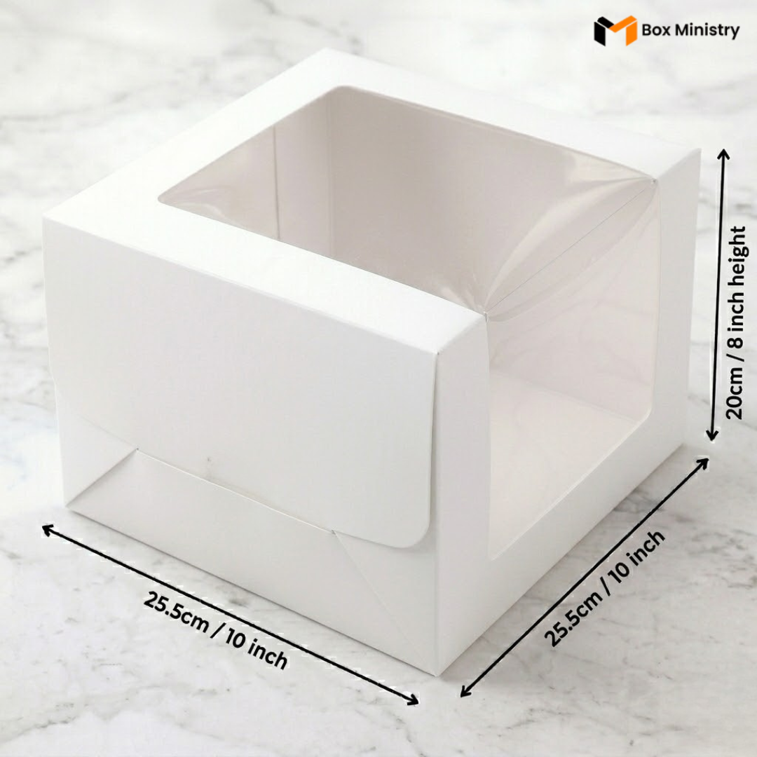 White cake box 25.5x25.5x20cm 10x10x8 inch with L-shape PVC window on white marble background