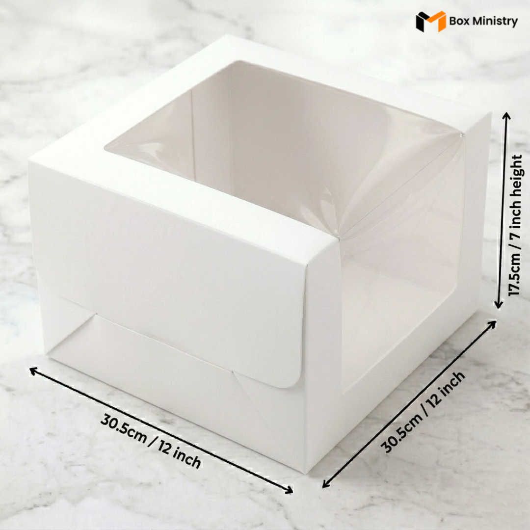 White cake box 30.5x30.5x17.5cm 12x12x7 inch with L-shape PVC window on white marble background