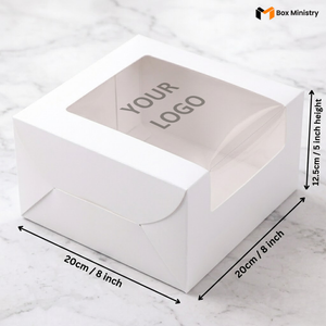 White cake box 20x20x12.5cm 8x8x5 inch with L-shape PVC window on white marble background with custom logo print 