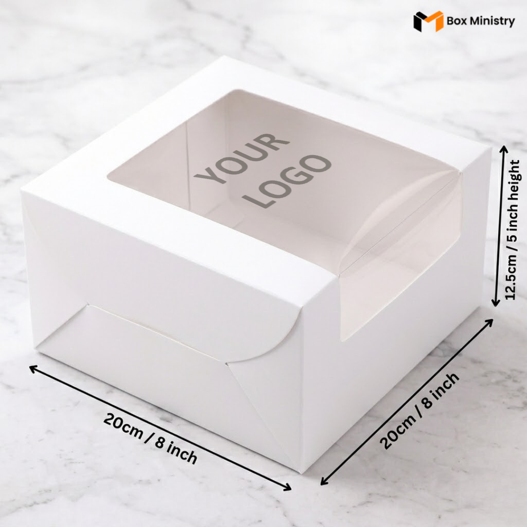 White cake box 20x20x12.5cm 8x8x5 inch with L-shape PVC window on white marble background with custom logo print 