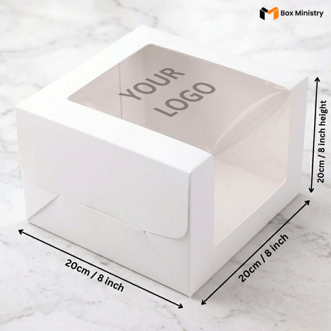 White cake box 20x20x20cm 8x8x8 inch with L-shape PVC window on white marble background with custom logo print