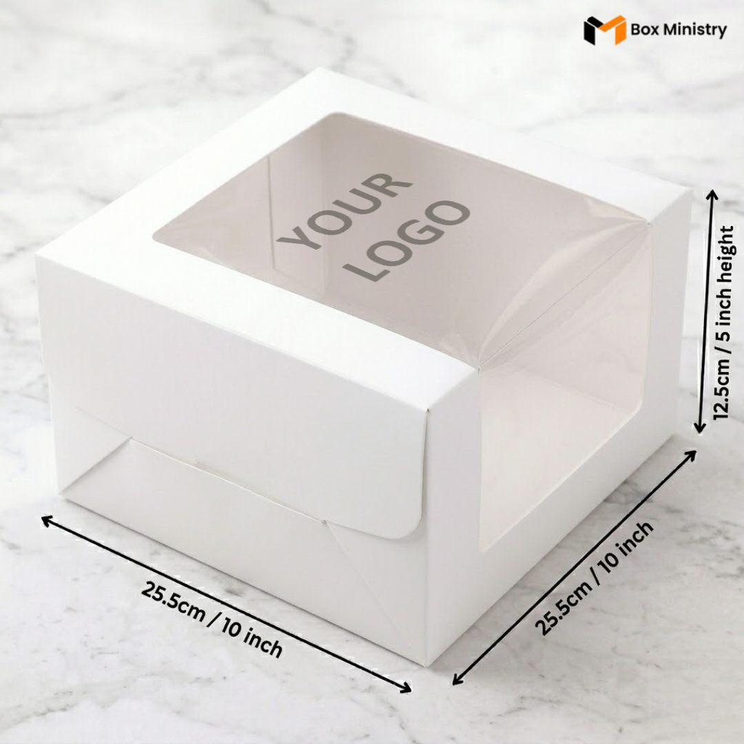 White cake box 25.5x25.5x12.5cm 10x10x5 inch with L-shape PVC window on white marble background with custom logo print