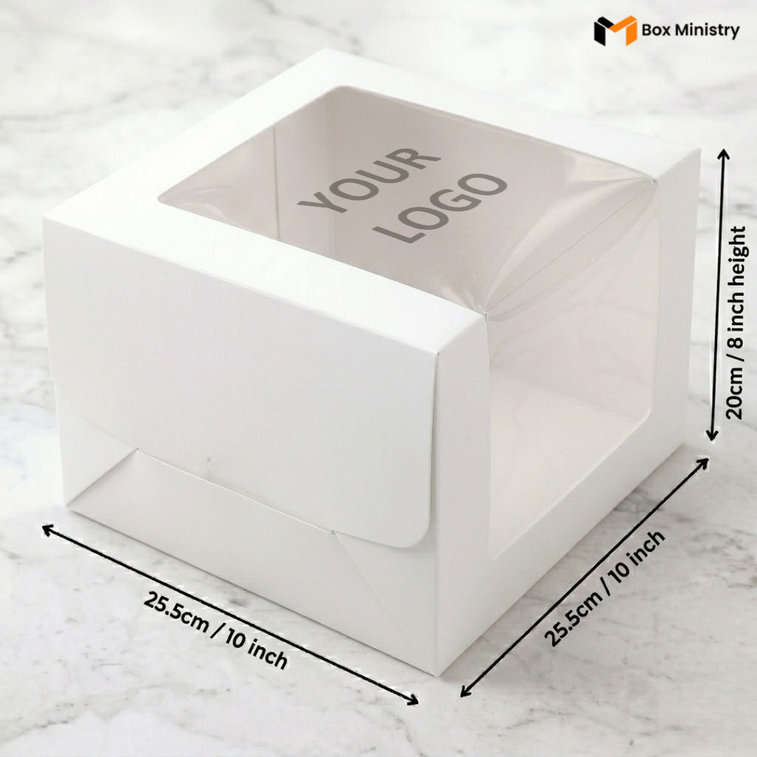 White cake box 25.5x25.5x20cm 10x10x8 inch with L-shape PVC window on white marble background with custom logo print 