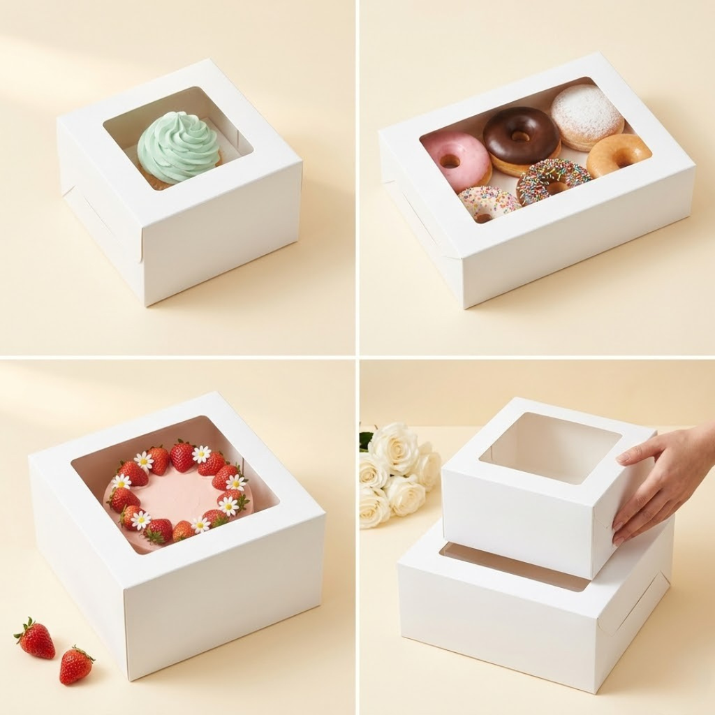Four-panel image showing white square window cake boxes in different use cases — top left: small box with mint green frosted cupcake visible through square window, top right: rectangular box with 5 assorted donuts visible through wide window, bottom left: tall square box with blush pink strawberry and daisy decorated celebration cake visible through window with loose strawberries beside, bottom right: two stacked white boxes with a hand placing smaller box on top beside white roses — White Square Window 