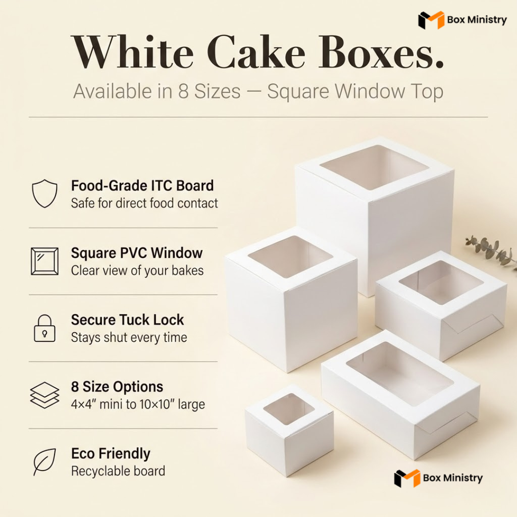 Infographic showing five white square window cake boxes in various sizes arranged in a size-hierarchy composition on a warm cream background with a eucalyptus sprig — features listed on the left include Food-Grade ITC Board, Square PVC Window, Secure Tuck Lock, 8 Size Options from 4x4 mini to 10x10 large, and Eco Friendly Recyclable Board — heading reads White Cake Boxes Available in 8 Sizes Square Window Top — White Square Window Cake Boxes 