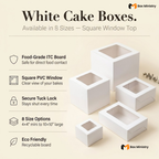 Infographic showing five white square window cake boxes in various sizes arranged in a size-hierarchy composition on a warm cream background with a eucalyptus sprig — features listed on the left include Food-Grade ITC Board, Square PVC Window, Secure Tuck Lock, 8 Size Options from 4x4 mini to 10x10 large, and Eco Friendly Recyclable Board — heading reads White Cake Boxes Available in 8 Sizes Square Window Top — White Square Window Cake Boxes 