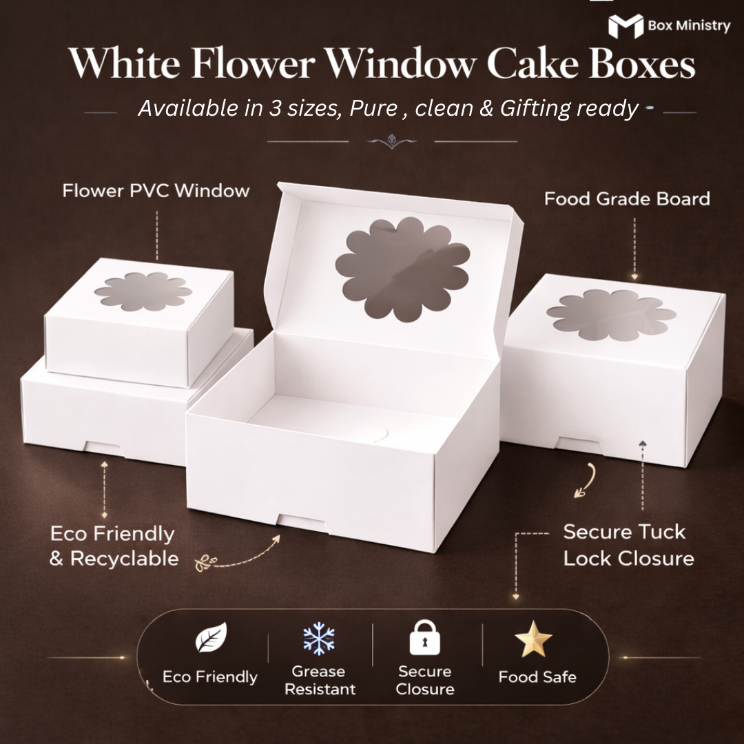 Infographic showing three white flower window cake boxes in small, medium and large sizes on a dark brown background with one box open showing white interior — labeled features include Flower PVC Window, Food Grade Board, Eco Friendly & Recyclable, Secure Tuck Lock Closure — icons for Eco Friendly, Grease Resistant, Secure Closure and Food Safe at bottom — White Flower Window Cake Boxes .