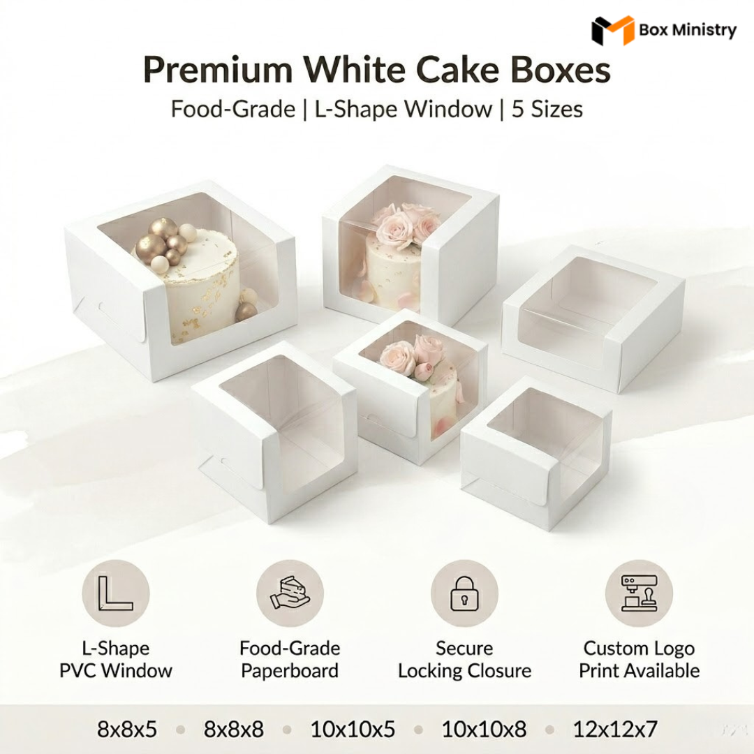 Premium white cake boxes infographic showing 5 sizes with L-shape windows and key features
