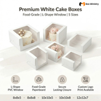 Premium white cake boxes infographic showing 5 sizes with L-shape windows and key features